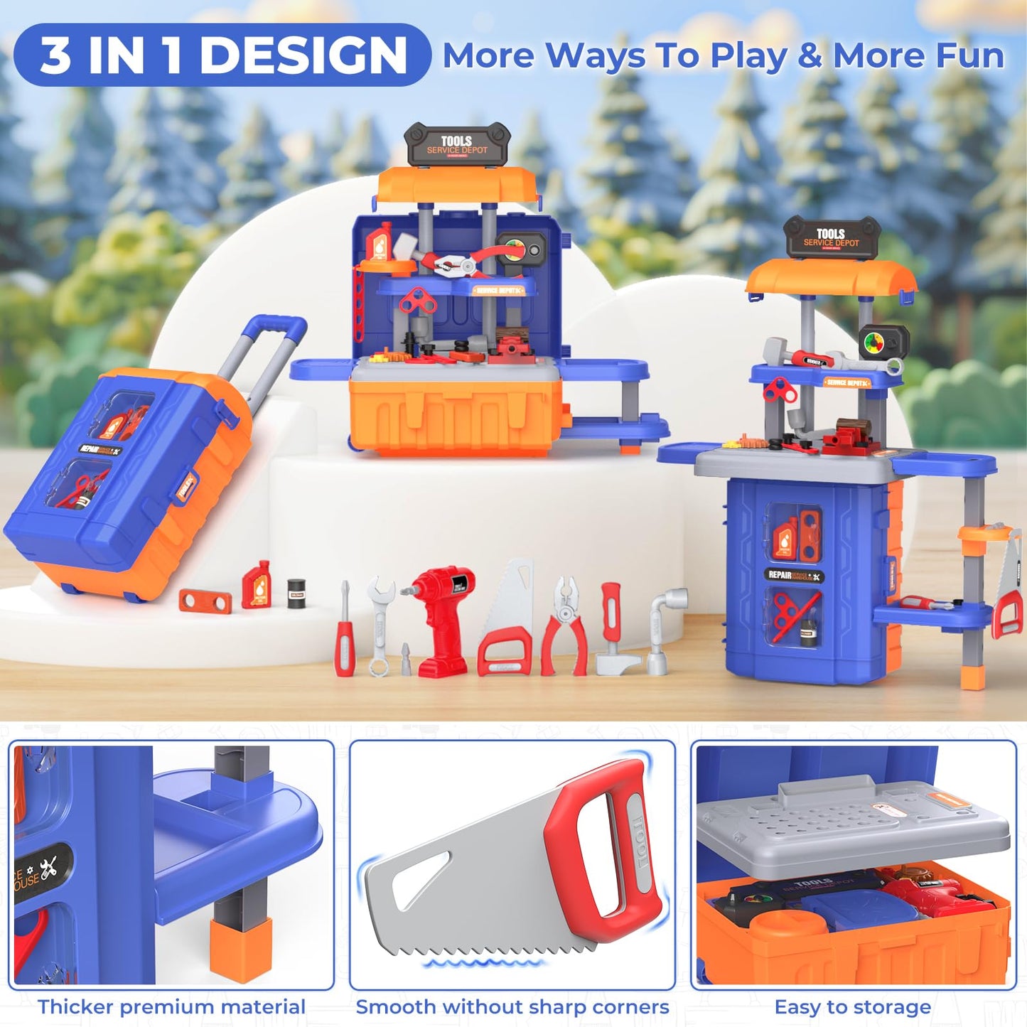 FunMission Kids Tool Bench Set 3 in 1, Toddler Tool Set, Kids Workbench with Realistic Toy Tool Box & Electronic Toy Drill, Tran