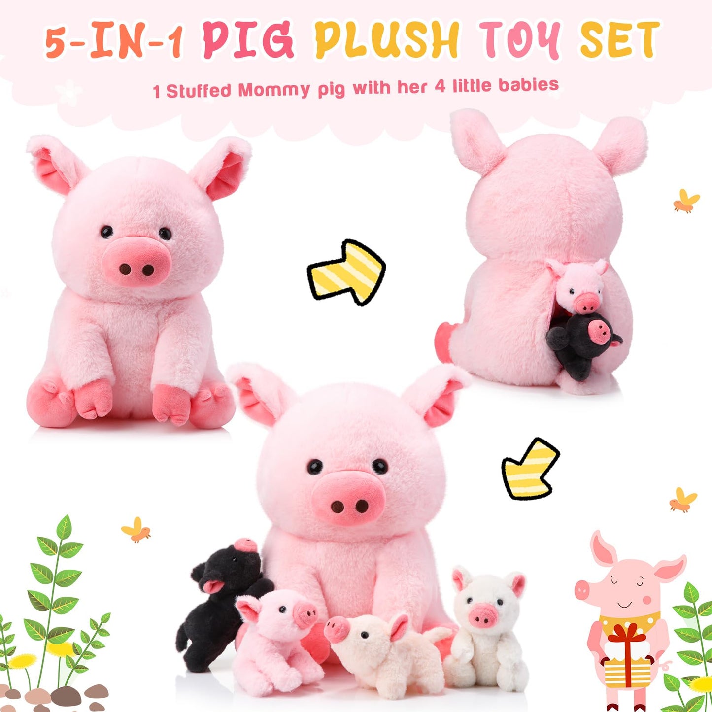 Silipull 5 Pcs Pig Stuffed Animals, 12 Inch Large Plush Mommy Pig With 4 Little Baby Pigs In Mother Pig'S Belly, Gift For Boys A
