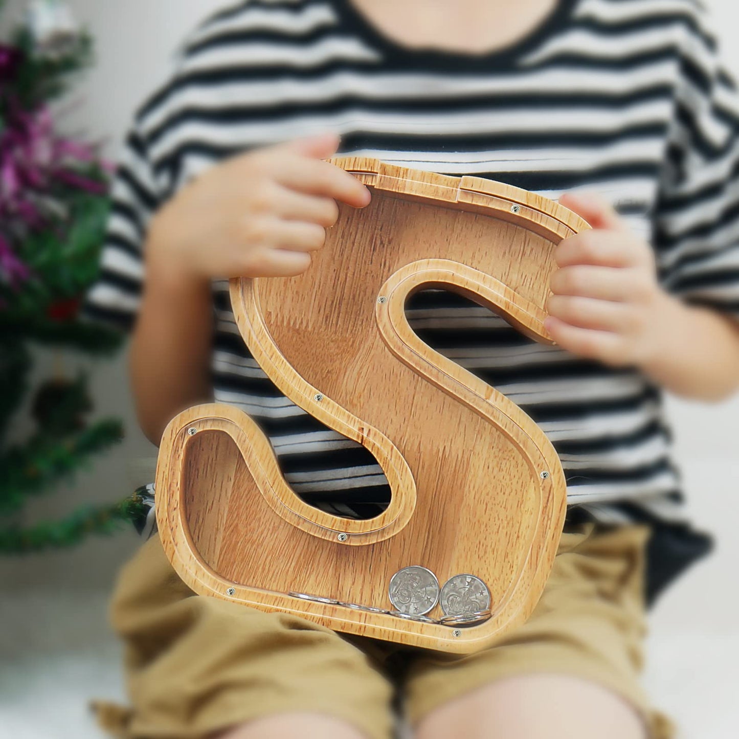 Piggy Bank For Kids Boys Girls, Large Personalized Wooden Letter Piggy Bank With Cut-Out Design, Alphabet Letter Coin Banks, Money Savings Box, Wooden Bank For Kids Creative Gift For Real-Money(S)