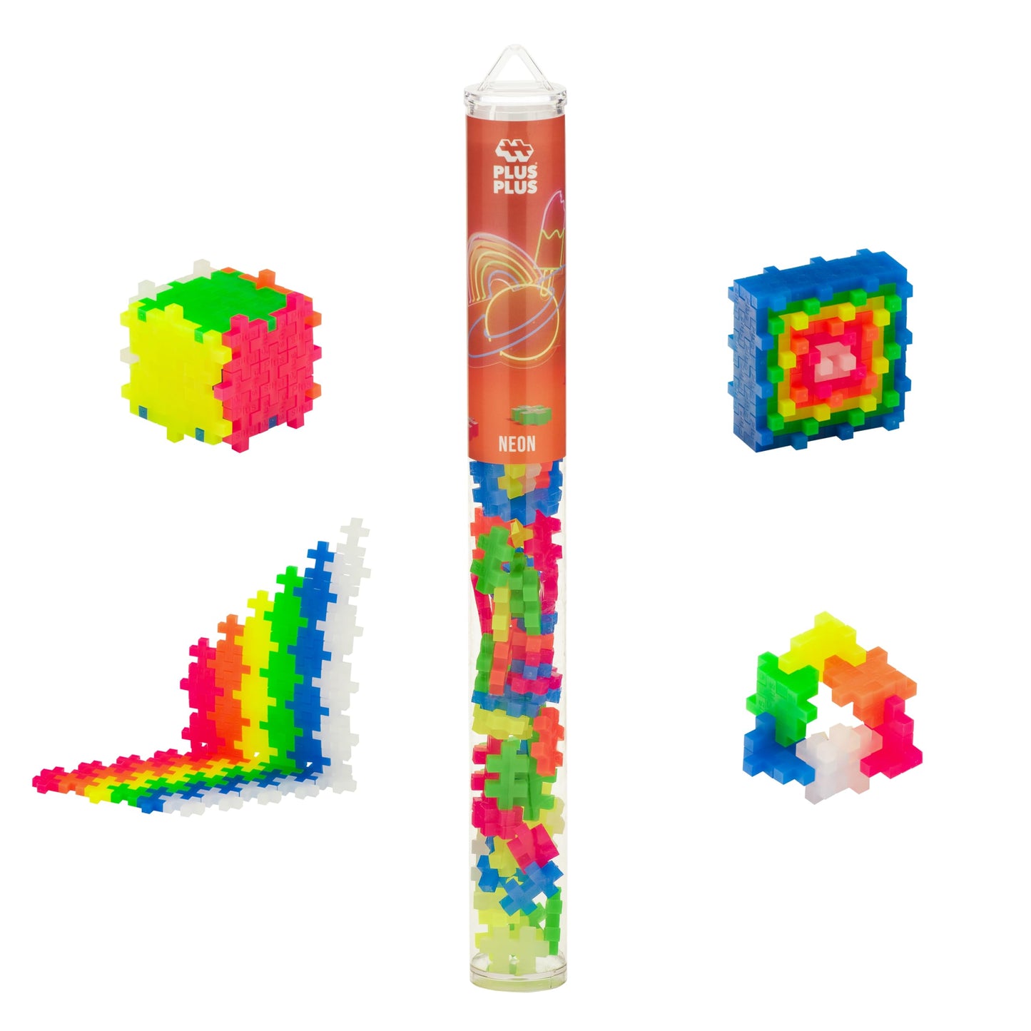 Plus Plus 70 Piece Interlocking Building Blocks For Kids, Open Ended Connecting Toys, Stem Bin Classroom Mini Manipulatives - Neon Mix Play Tube