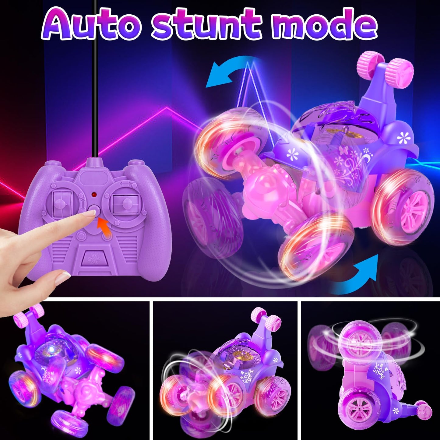 Tcvents Pink Purple Remote Control Car For Girls 3 4-7 8-12 Years Old, 4Wd Rc Stunt Car Rechargeable Rc Cars Toy Vehicle With 36