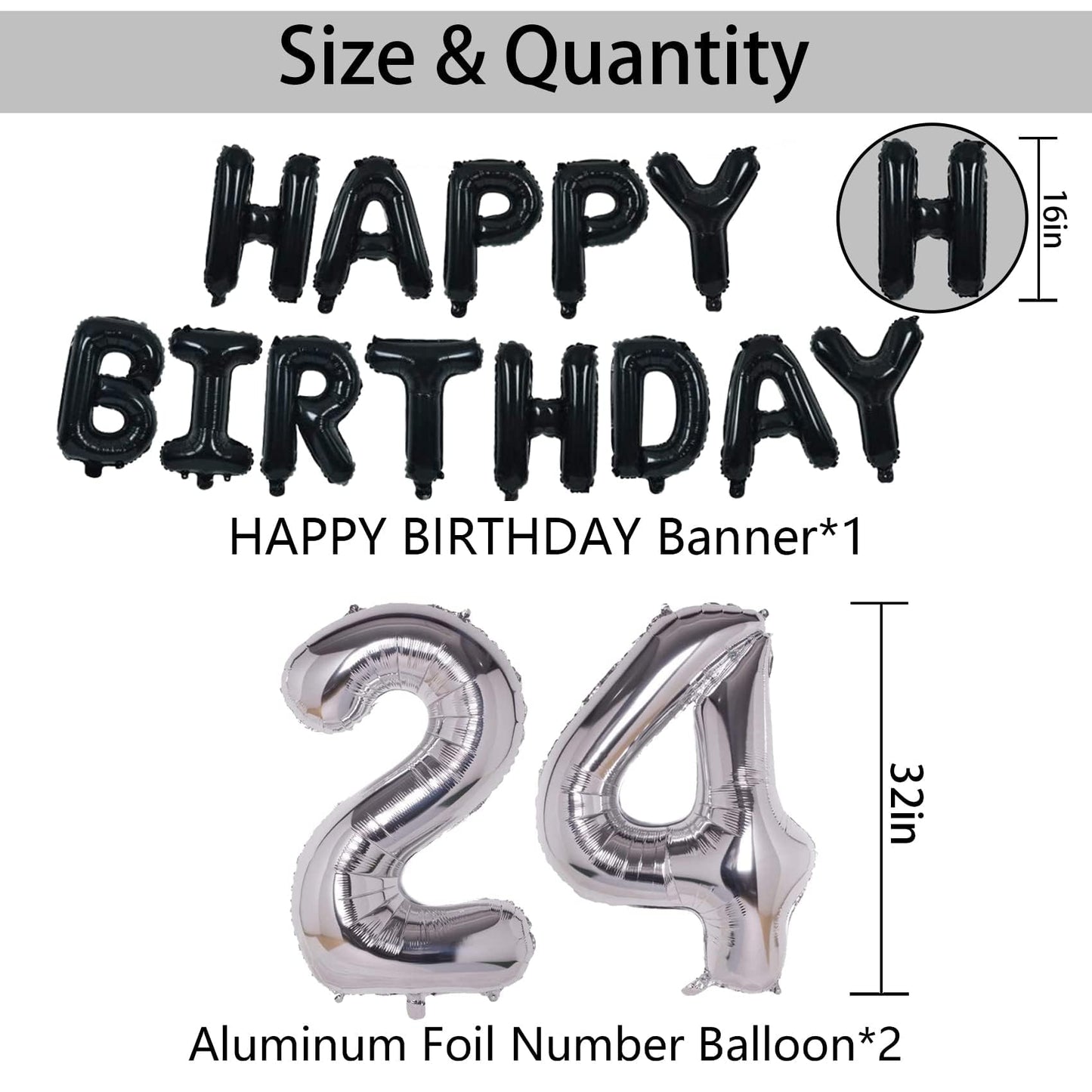 Naninuneno 24Th Black Silver Birthday Party Decorations For Men Women, Happy 24 Birthday Party Supplies With Black Happy Birthda