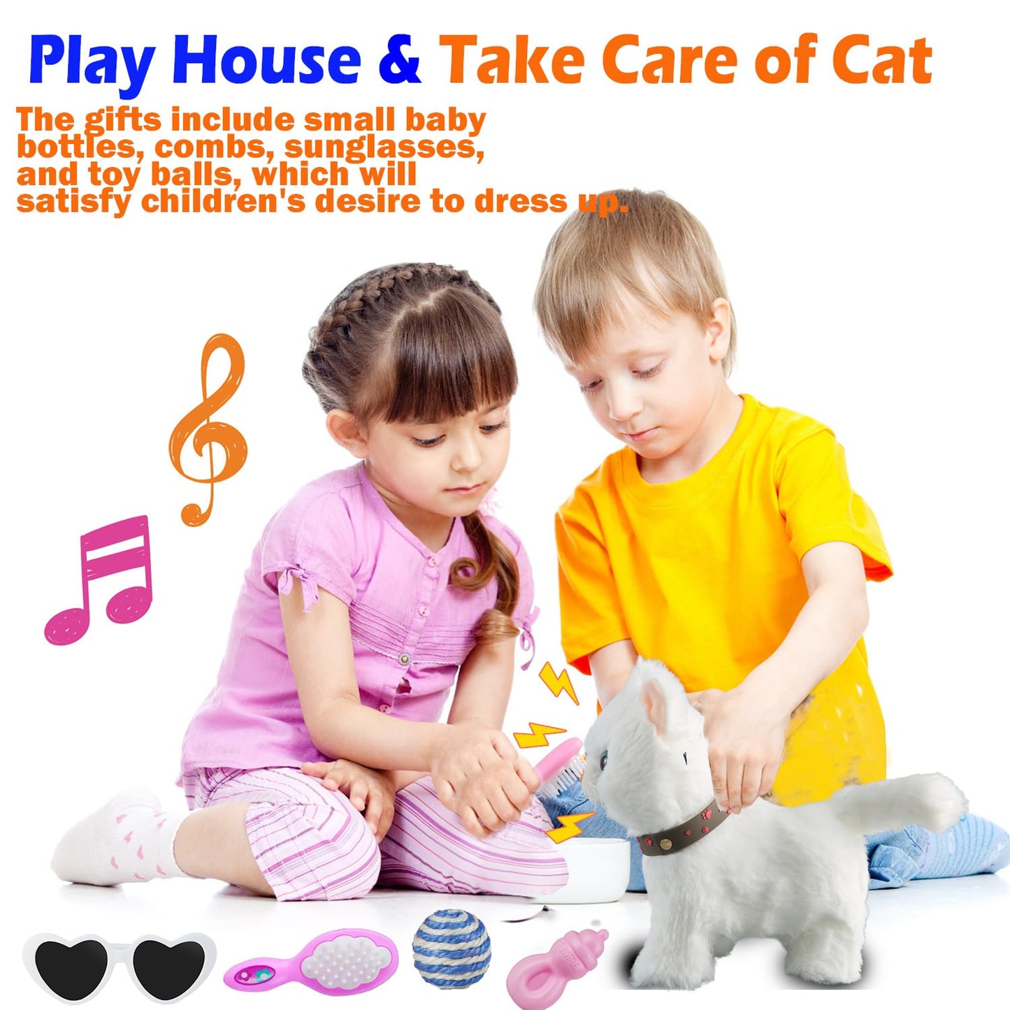 White Leash Walking Cat Set Singing That Purrs And Meows Animated Plush Robot Kitten Pet Moving Plush Realistic Stuffed Animal Remote Control Cute Kawai Robotic Kitty Toy For Kid