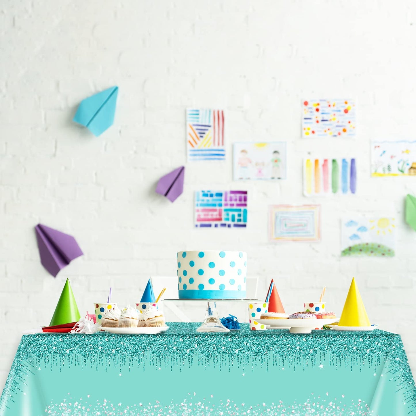 3 Pieces Teal And Silver Tablecloths For Happy Birthday Party Decoration Plastic Disposable Breakfast Blue Birthday Theme Table Covers For Girl Women Silver Glitter Birthday Party Supply, 54X108 Inch
