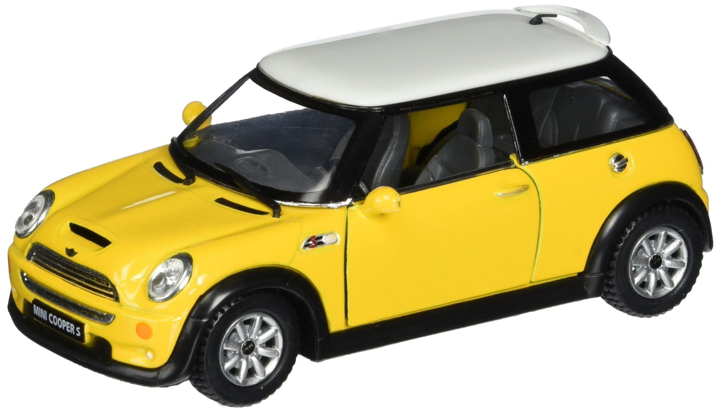 KiNSMART Mini Cooper S Die Cast Metal Toy Car, 5" 1:28 Scale, Yellow, Pullback Action