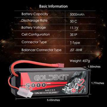 GOLDBAT 11.1V 5000mAh 3S 50C Lipo RC Battery Pack Hard Case with Deans T Connector for E-maxx Axial RC Car Truck Buggy Truggy Ho