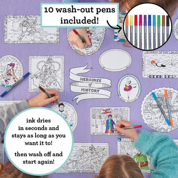 Eatsleepdoodle Coloring Tablecloth W/ 10Pk Washable Markers - 50X33In Inspirational Women Poster, Powerful Women In History For Kids - Washable & Reusable