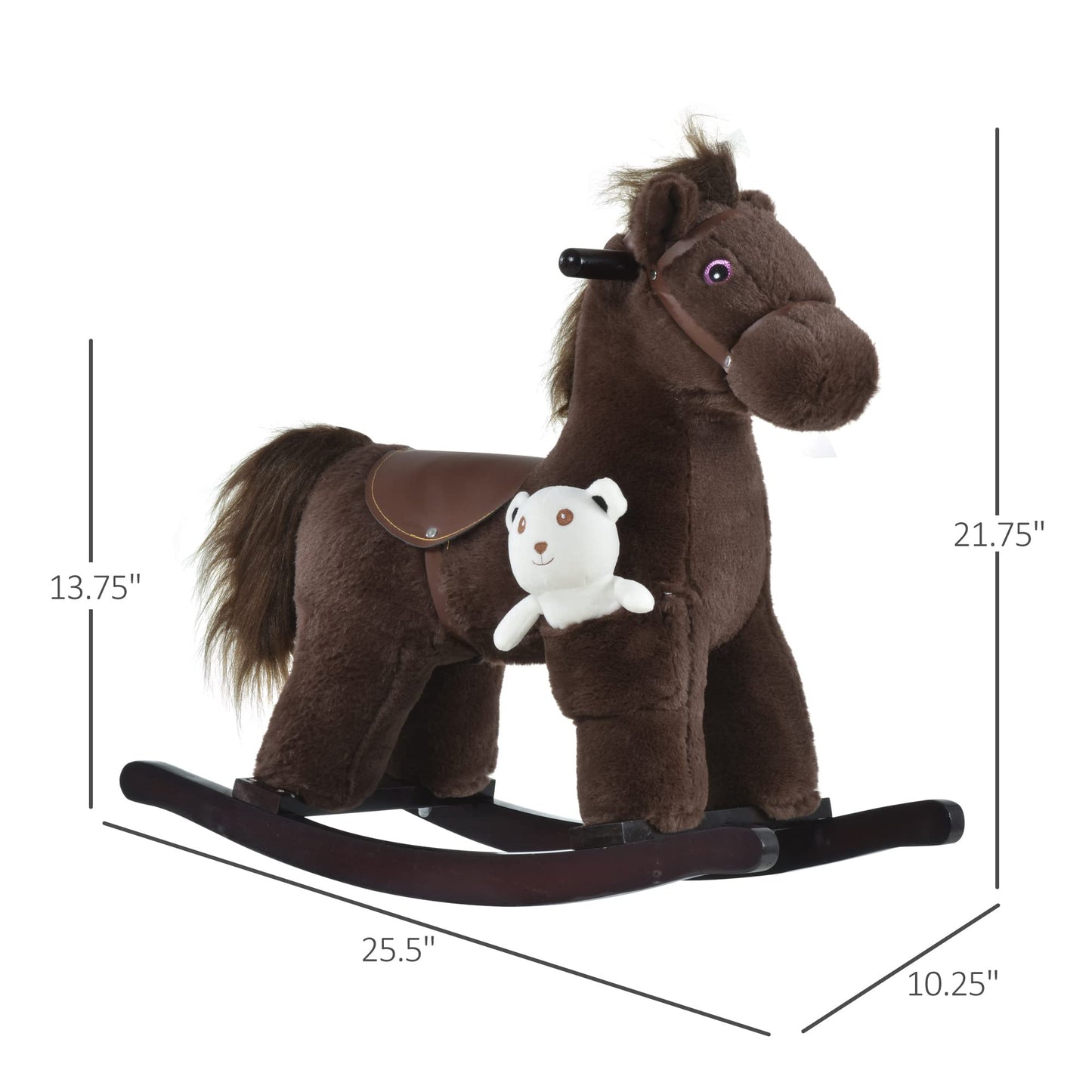 Qaba Kids Plush Ride-On Rocking Horse With Bear Toy, Children Chair With Soft Plush Toy & Fun Realistic Sounds, Brown