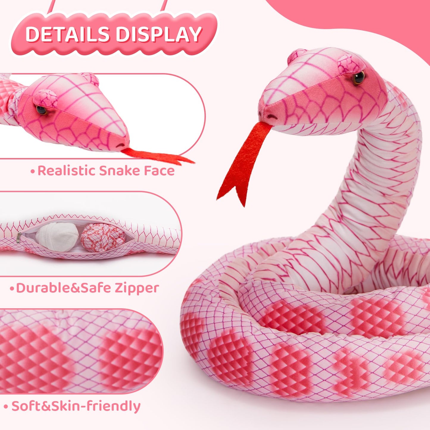 Tezituor Giant Stuffed Snake Plush Realistic Snake With 3 Babies&2 Eggs, 80 Inches Pink Snake Toy Birthday Valentines Gifts For