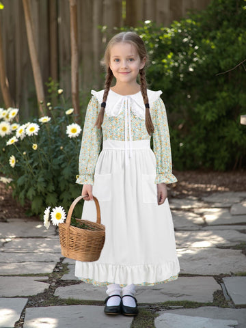 Fortmac Prairie Dress Girls Pioneer Colonial Costume Floral 1800S Pilgrim Costume With Apron And Bonnet Green 4-5Y