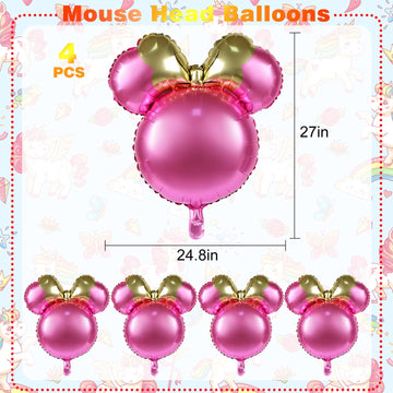 Mikimiqi 4 Pcs Mouse Head Foil Balloons, 24'' Mouse Mylar Balloon For Birthday Party Decorations Jumbo Mouse Head Aluminum Foil Balloons Party Favors Supplies (Pink)