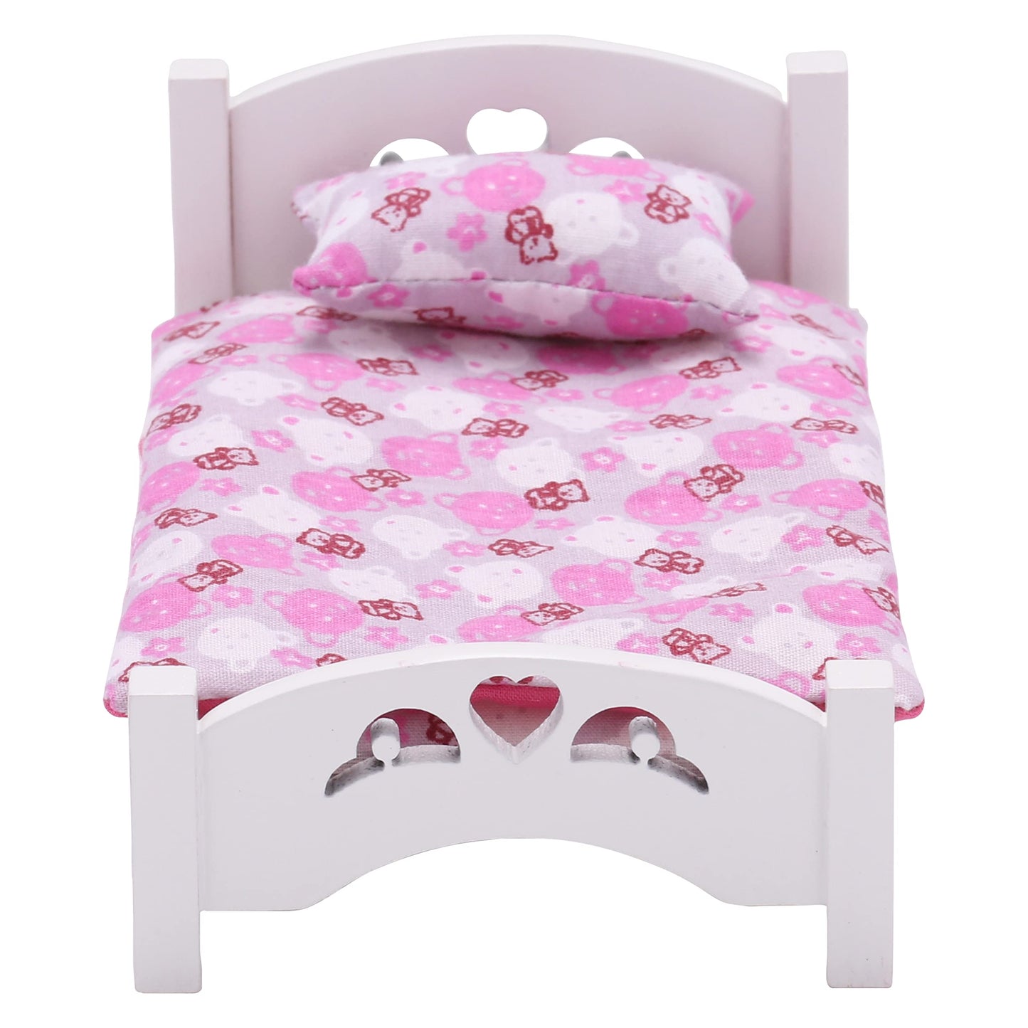 Dollhouse Furniture Mini Kid’S Bed Set, Realistic Bedroom Accessories For 6 Inch Dolls, Pink Bedding, White Wood, 1/12 Scale