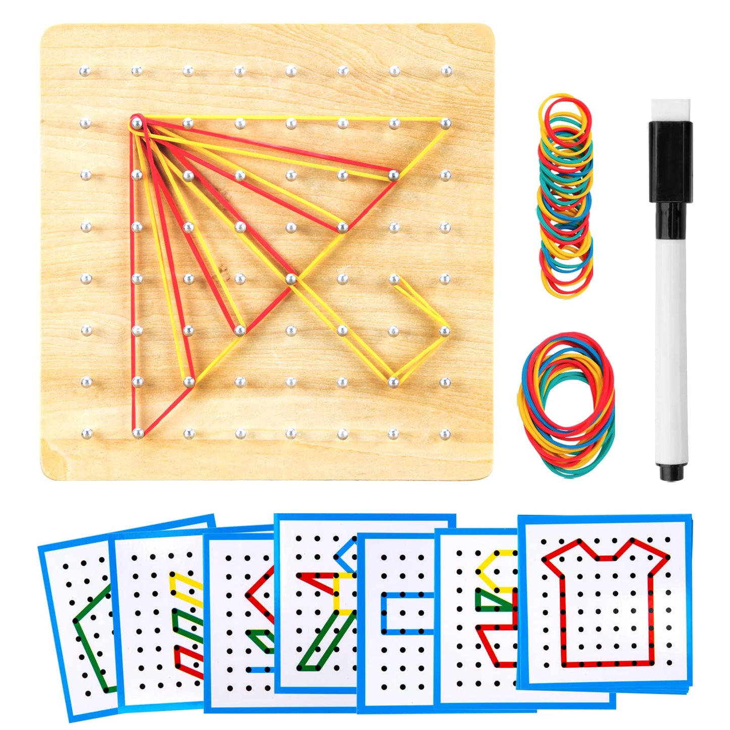 Heelwire Wooden Geoboard,Montessori Toy,Graphical Mathematical Education Toy For Kids With Pattern Cards And Rubber Bands To Fig