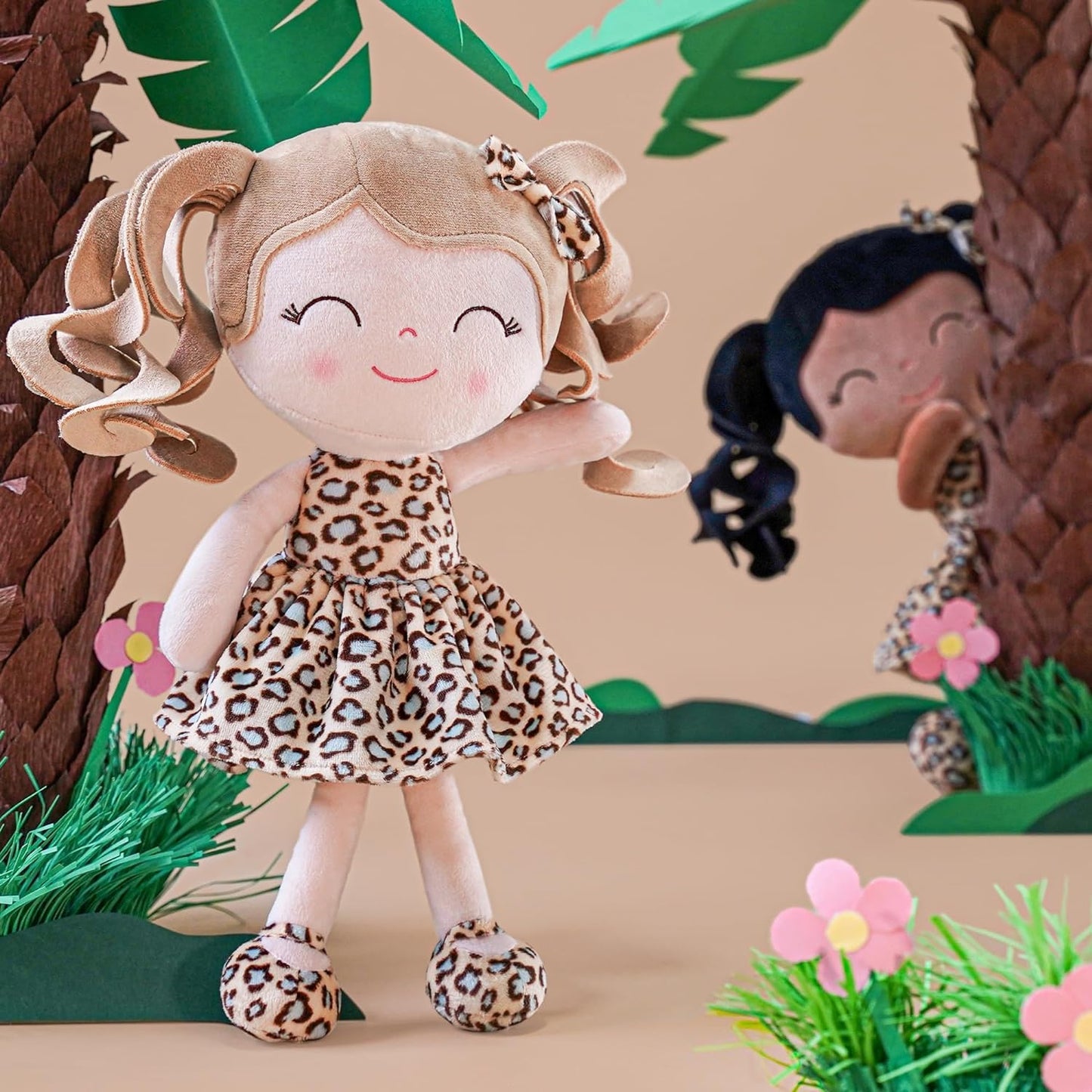 Gloveleya Baby Dolls Soft Snuggly First Baby Girl Gifts Plush Doll With Light Skin & Leopard Dress 12Inches Animal Series