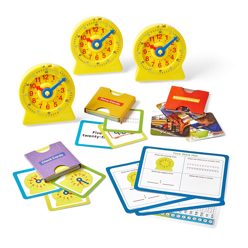 Hand2Mind Telling Time Basics Center Kit - Learn To Tell Time Activity Set With Analog Classroom Clock For Kids