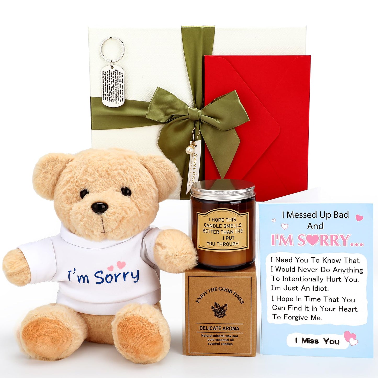 Hydren 5 Pcs I'M Sorry Gifts Set With Big Box Include I'M Sorry Plush Bear Gifts Candle Apology Card Keychain I'M Sorry Gifts Fo