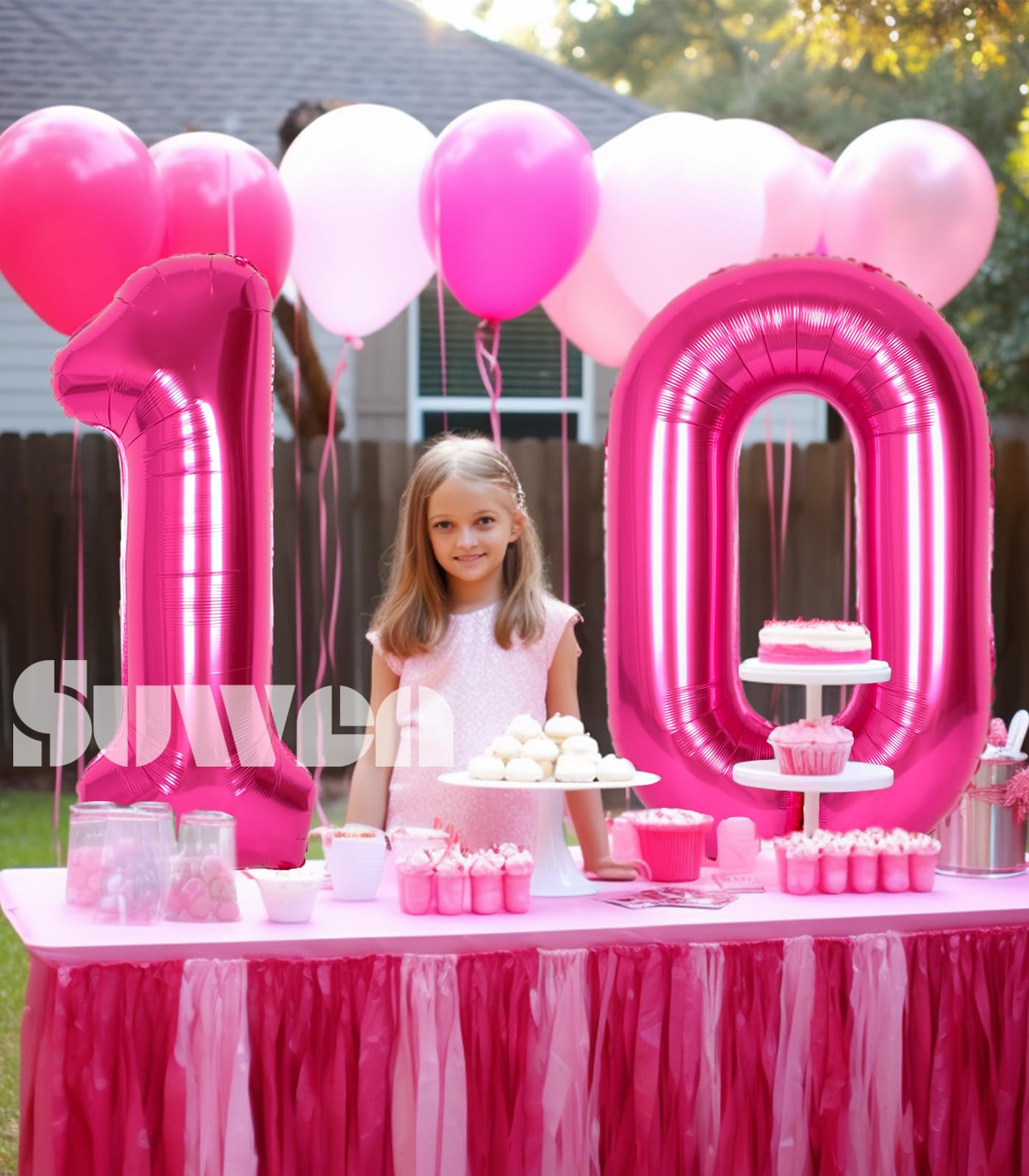 Suwen 40 Inch Hot Pink Large 10 Balloon Numbers Big Foil Helium Number Balloons 0-9 Jumbo Happy 10Th Mylar Birthday Party Decora