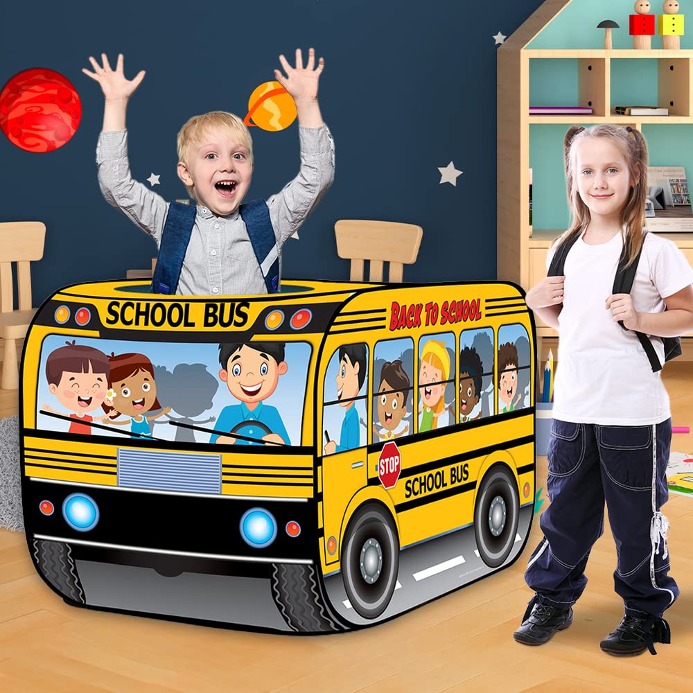 Artcreativity Yellow Pop Up School Bus Tent With Carry Bag - Indoor Playhouse With 2 Openings, Pop Up Bus Toy Play Tent - Compact Storage - 43.5 X 28 X 26.5 Inches