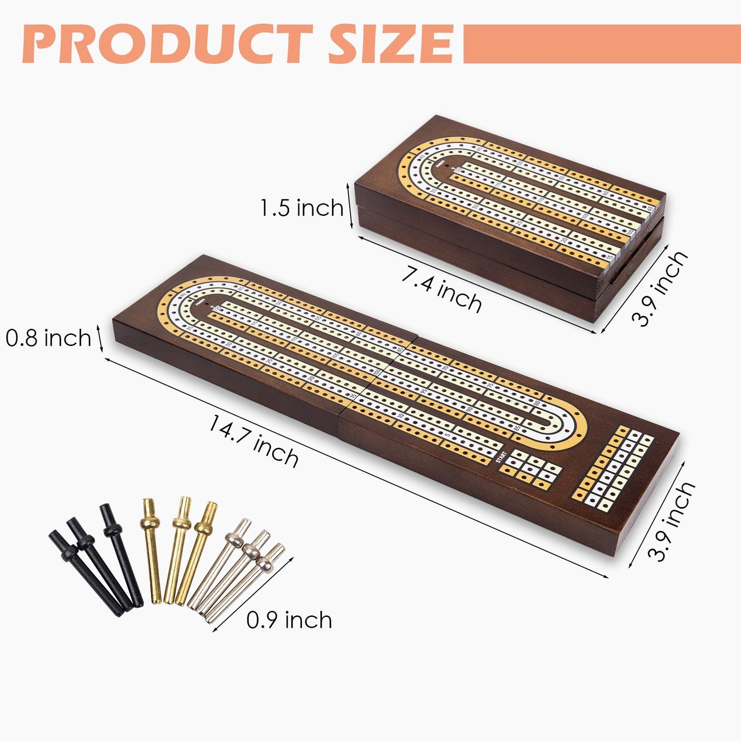 JstFrU Wooden Cribbage Board Game Set - 3 Track, Magnetic Storage, Small, Model RX-3021, Includes 9 Metal Pegs & Playing Cards