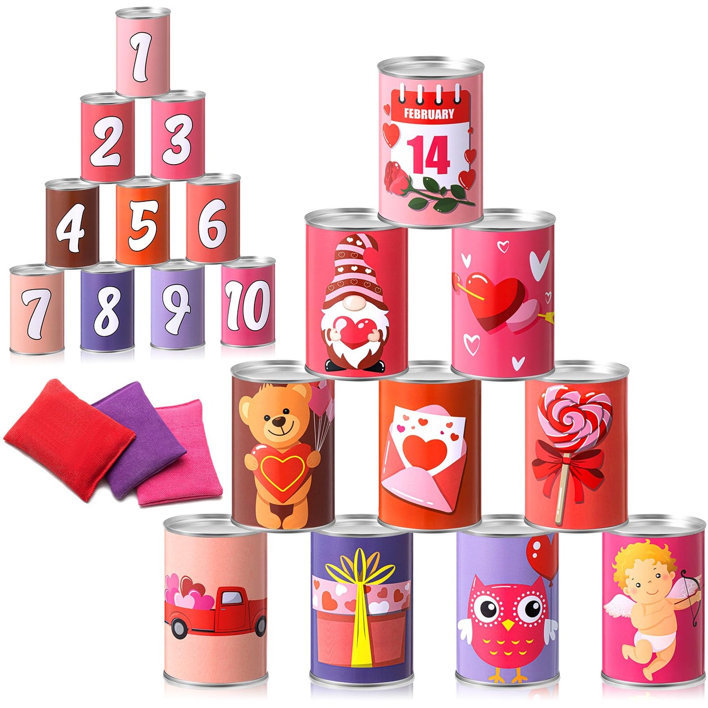 Libima 13 Pcs Festival Game Carnival Party Bean Bag Toss Sturdy Knockdown Outdoor Can Party Game With 10 Tin Cans And 3 Bean Bag