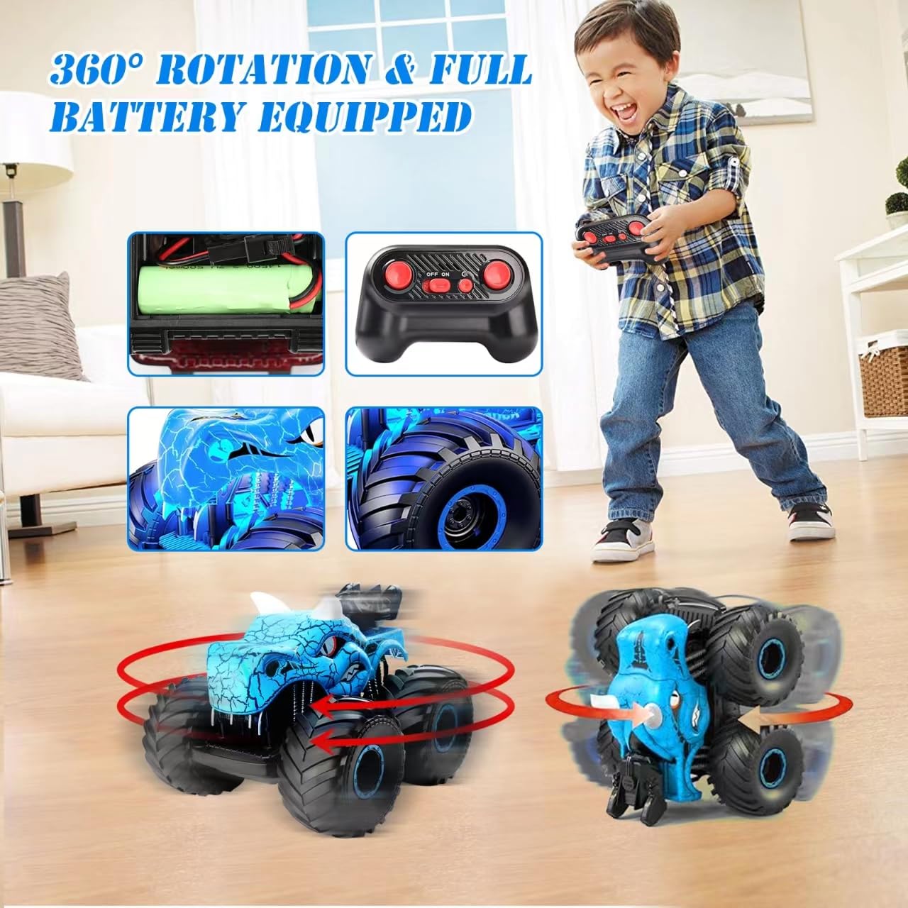Cqutevind Remote Control Monster Truck, 2.4GHz RC Cars with Light, Sound & Spray, Monster Trucks for Boys Girls, All Terrain Din