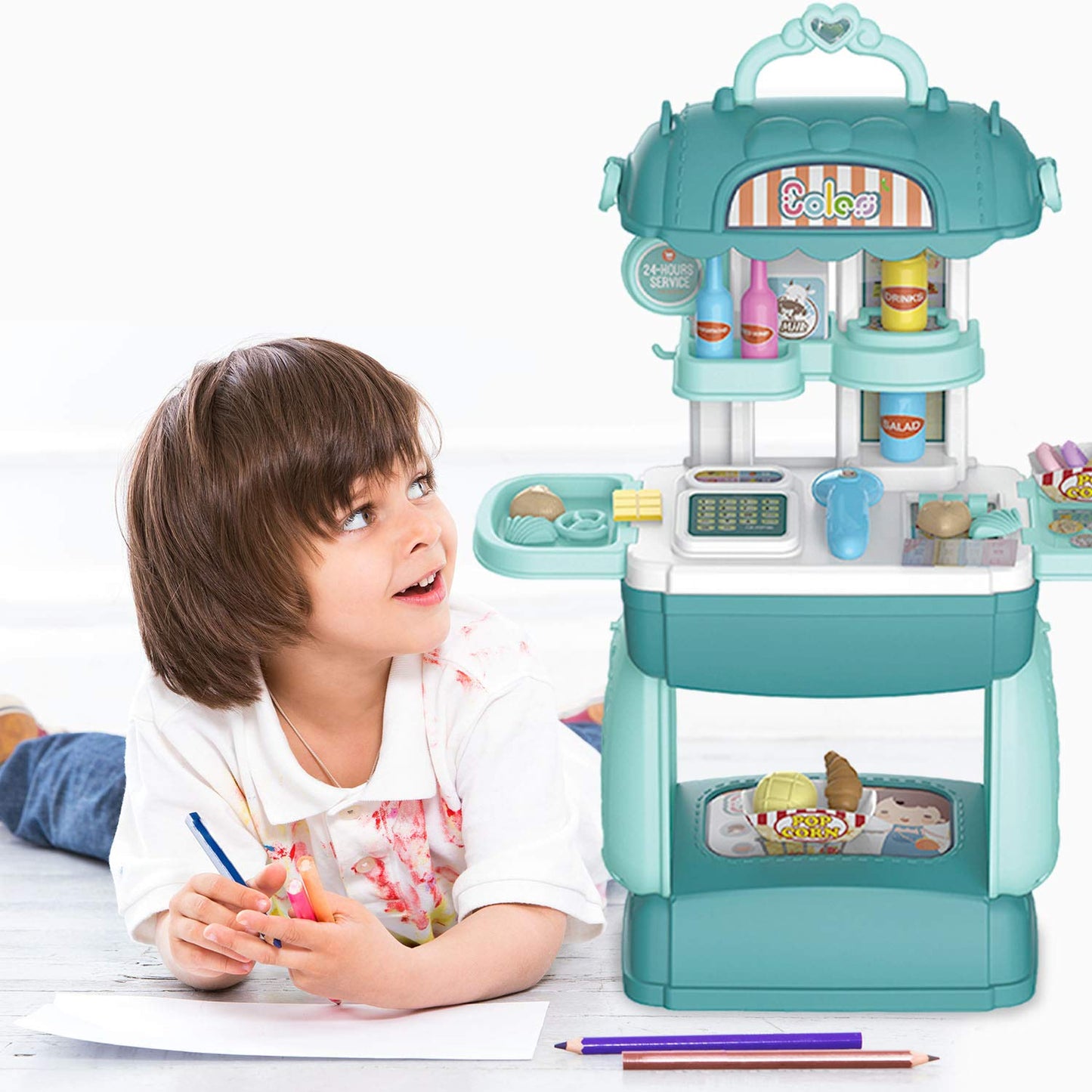 Shape28 Store Bag Pretend Play Store Toddler Toys 62 PCS Shopping Cart for Kids with Play Kitchen Prop Money Pantry Storage Cash