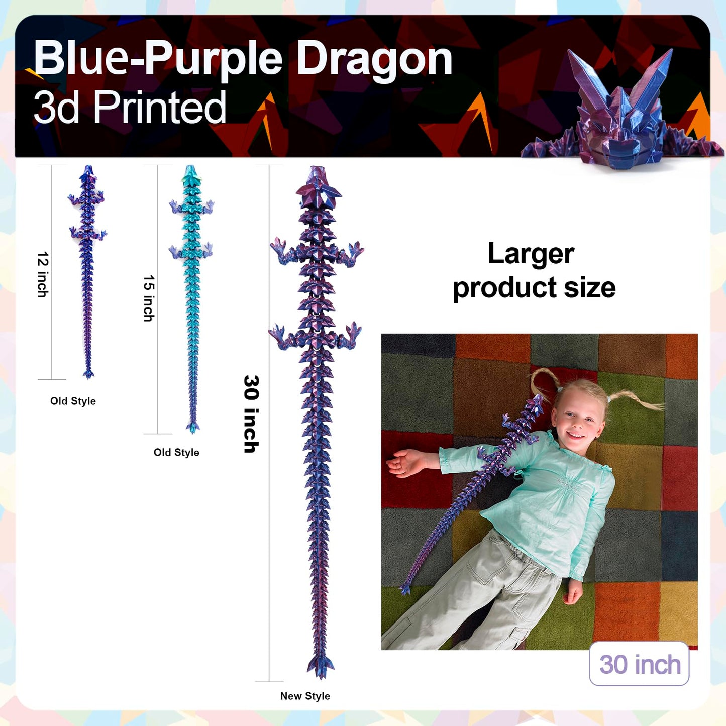 Meet Gladness 30 In 3D Printed Dragon, 30Inch Dragon,3D Dragon Toy,Large Dragon Present,Ariculated Crystal Dragon (Blue Purple,