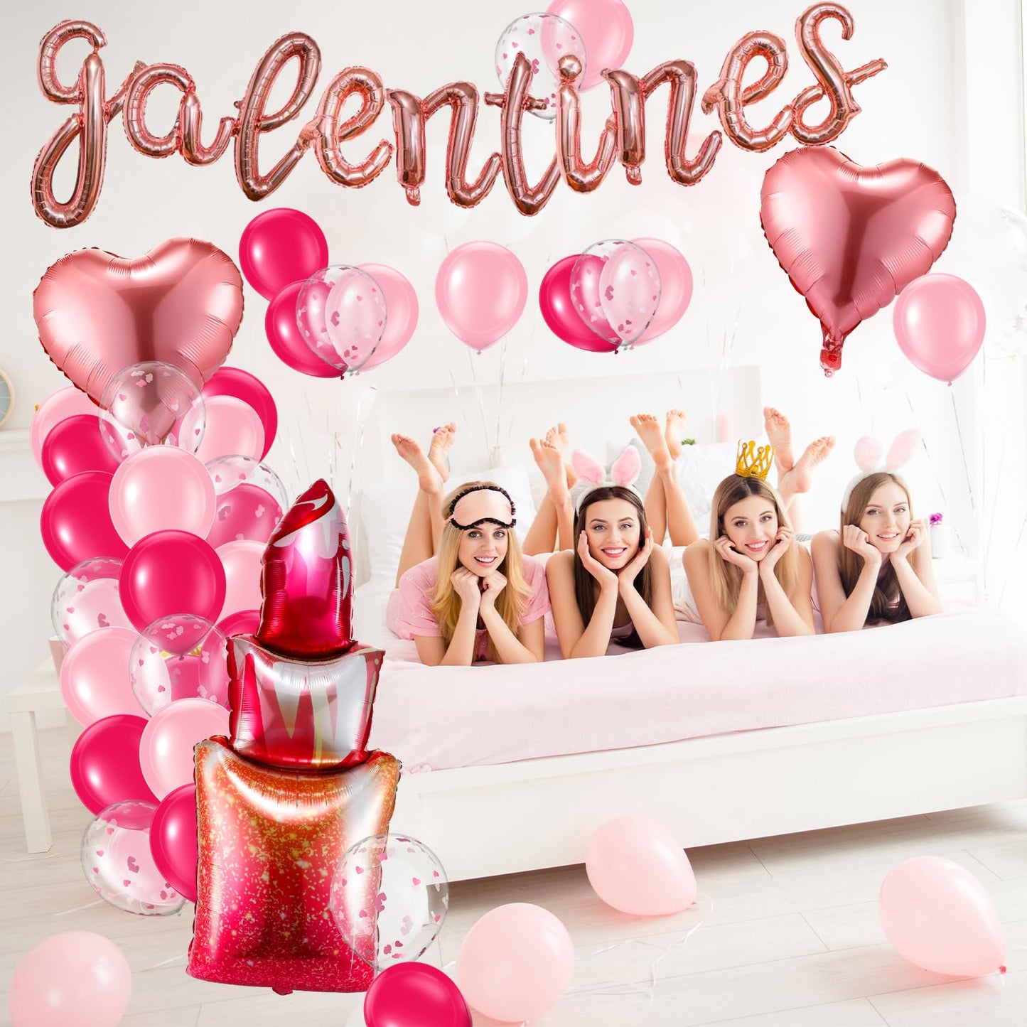 MiniInflat Galentines Day Decorations Set - 108 Pcs Latex & Confetti Balloon Arch, Pink Heart & Lipstick Balloons, Model SIR-MiniInflat-0094