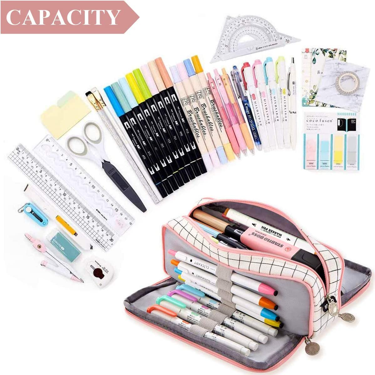 Finemoe Canvas Large Capacity Pencil Box For Girls&Boys,3 Compartments Pen&Pencil Pouches,Aesthetic Stationery Pouch For School