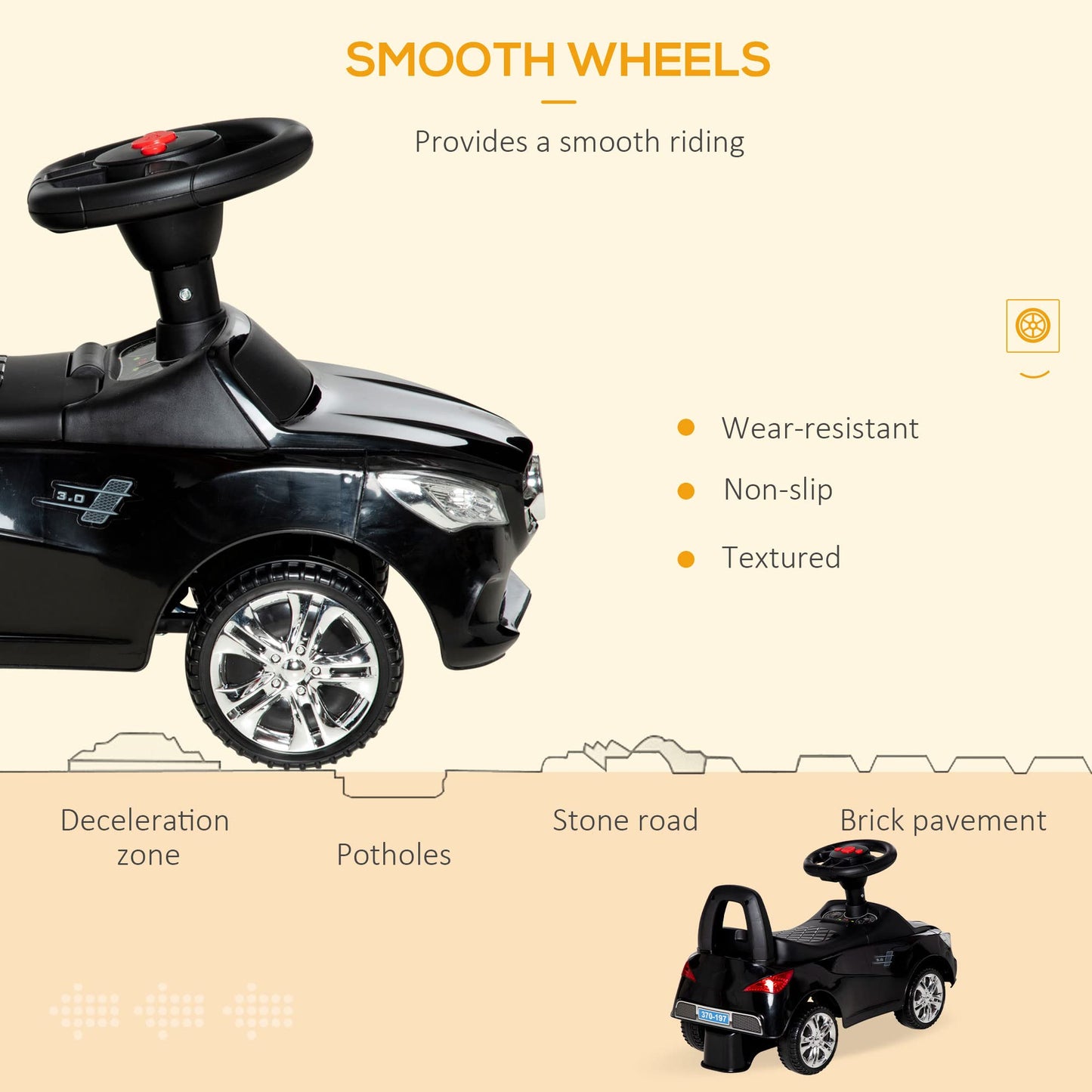 Aosom Kids Ride On Push Car, Foot-To-Floor Walking Sliding Toy Car For Toddler With Working Horn, Music, Headlights And Storage, Black