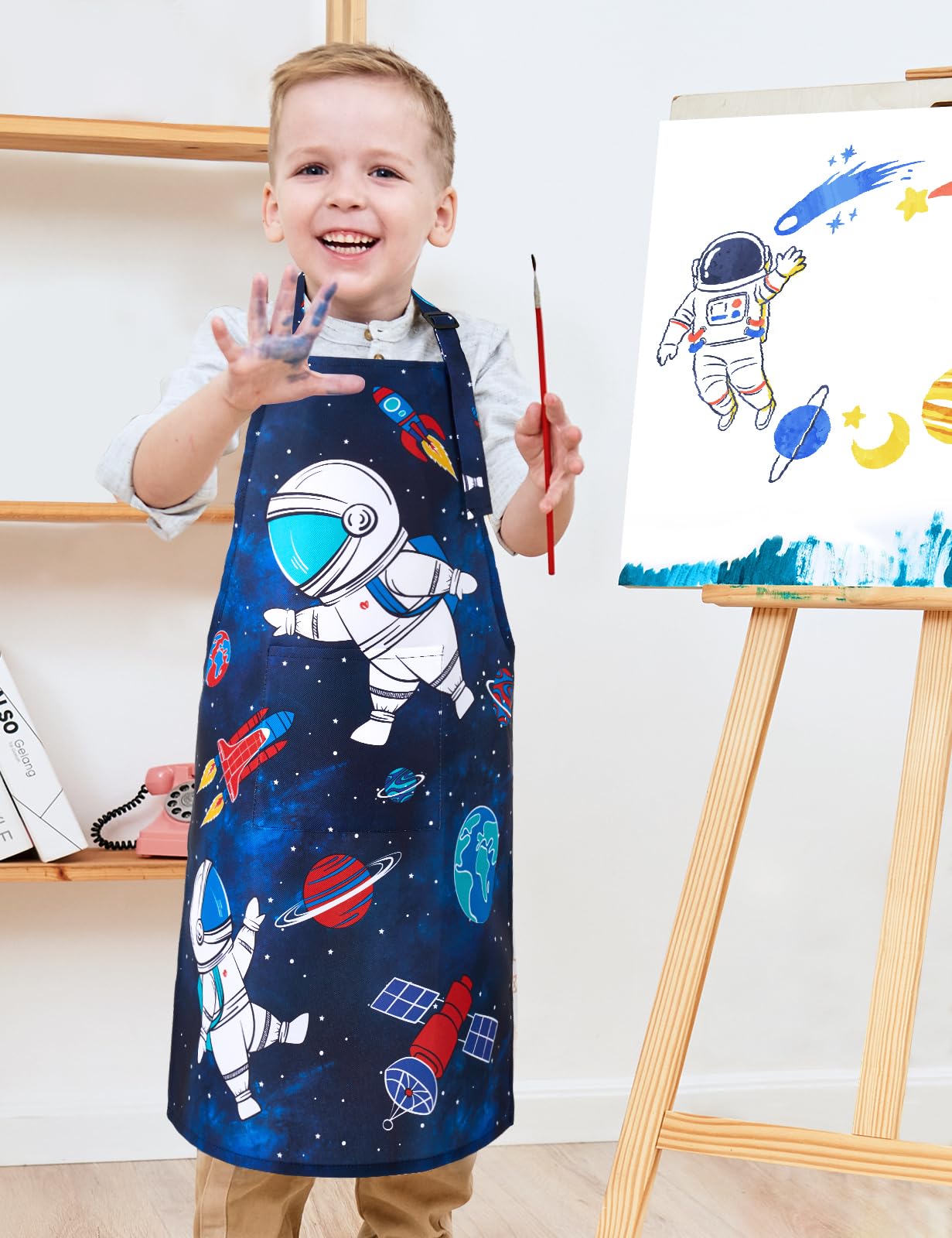 Wernnsai Kids Aprons For Boys - Space Toddler Art Aprons Waterproof Kids Toddler Paint Art Smock Waterproof Cooking Baking Painting Gardening Artist Chef Apron For Kids Age 6-10 Years