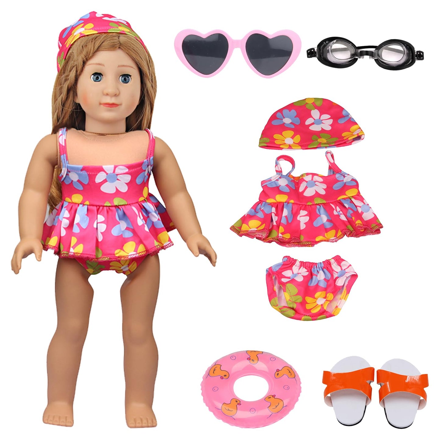 Msyo 18 Inch Doll Swimsuit Playset, Dorable Doll Summer Dress Playset For 18 Girl Dolls, Includes Doll Bikini Swimsuits, Lovely Sunglasses, Goggles, Sandals And Water Inflatable Ring