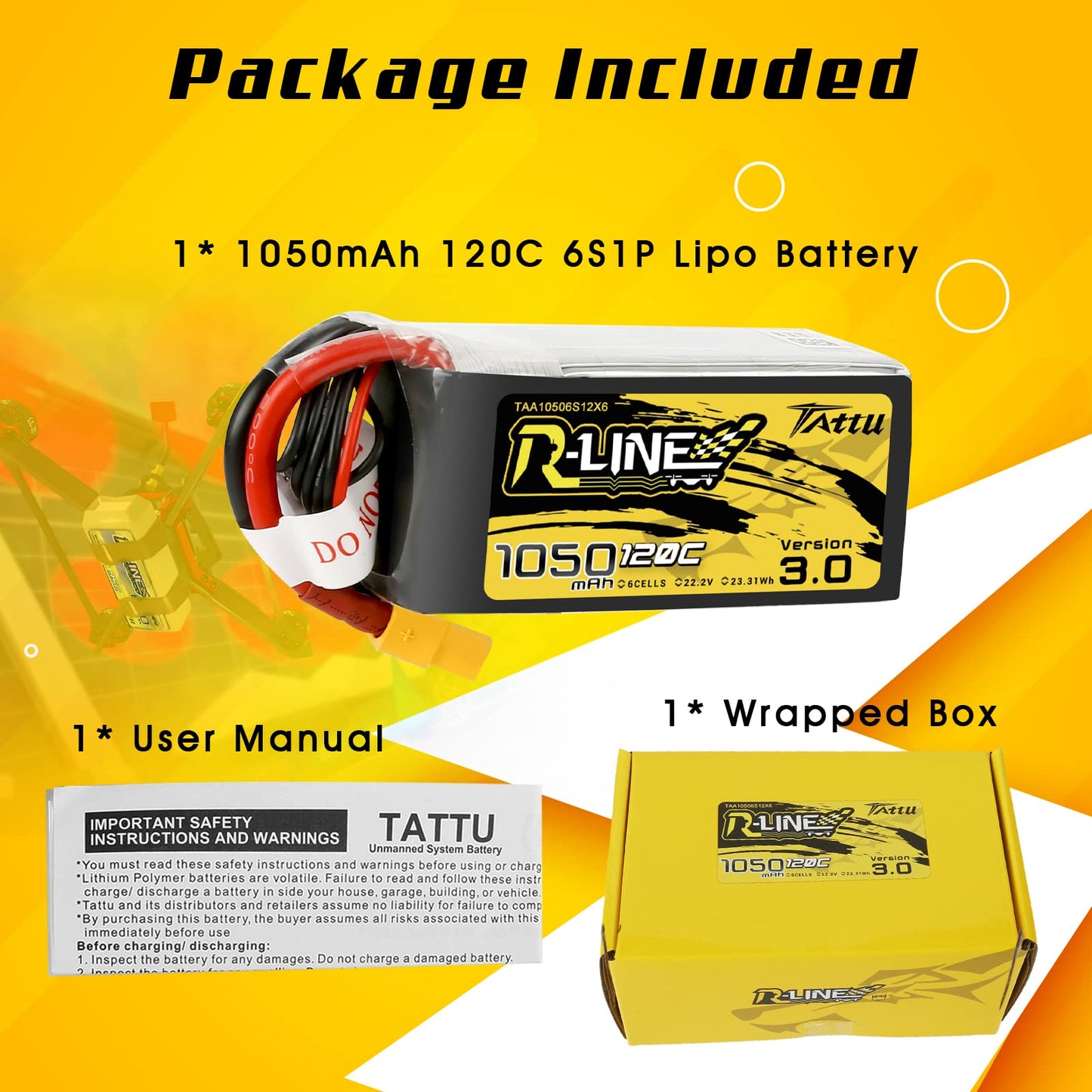 TATTU 6S Lipo Battery R-Line Version 3.0 1050mAh 22.2V 120C 6S1P Lipo Battery Pack with XT60 Plug