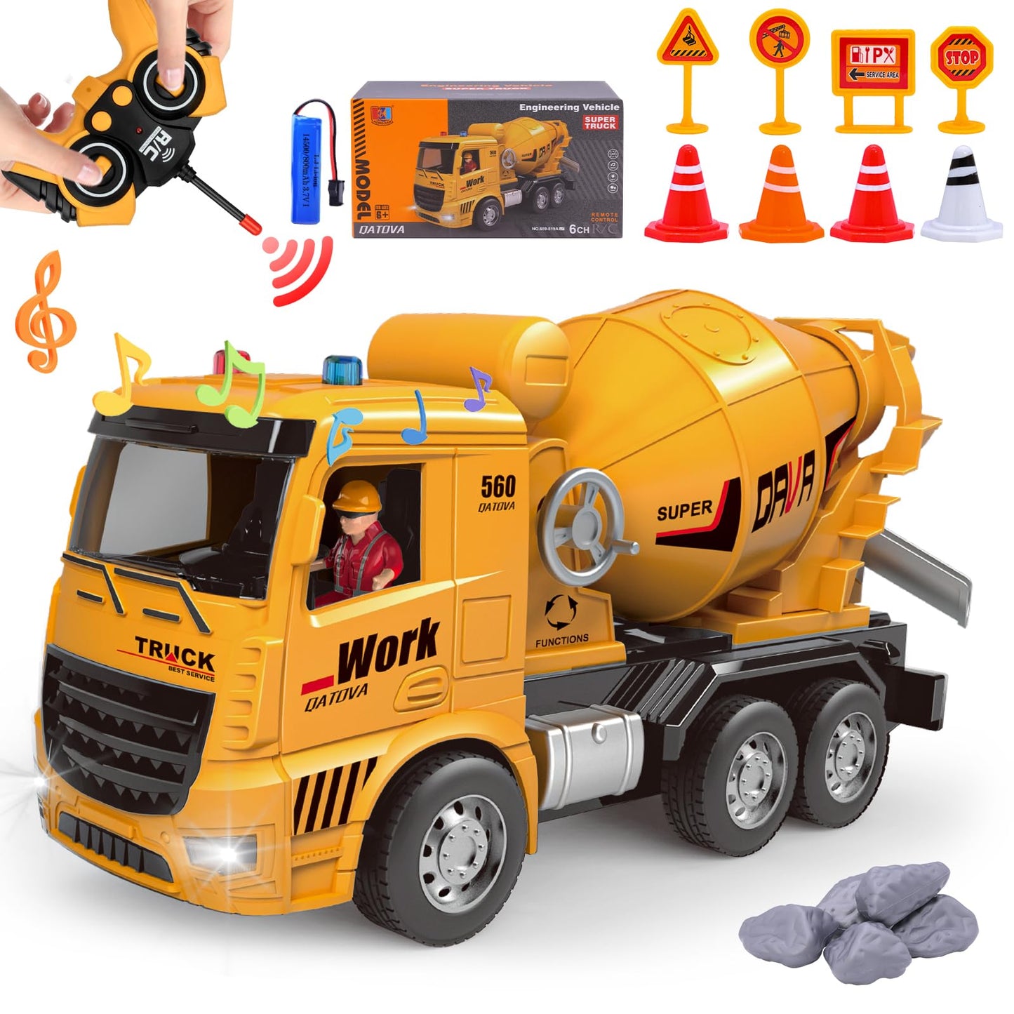 Construction Toys for Boys - Cement Mixer Toy Truck with Lights Sounds & Working Movable Parts, Remote Control Rechargable Cars