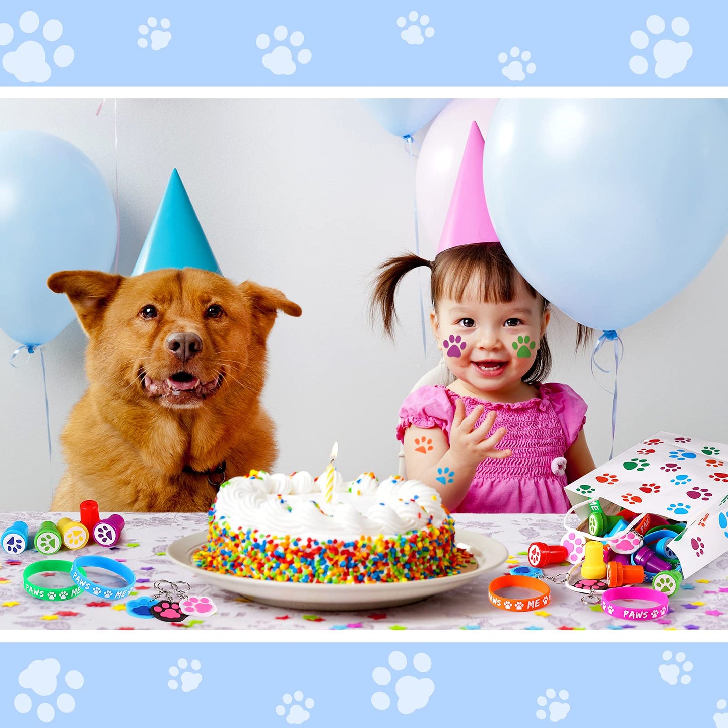 Skylety 58 Pcs Dog Paw Print Party Favors Set, Paw Print Stamps Rubber Silicone Bracelets Sticker Keychain, Puppy Birthday Party Favors Patrol Supplies, Gift Bag Stuffer (Multi Colors)