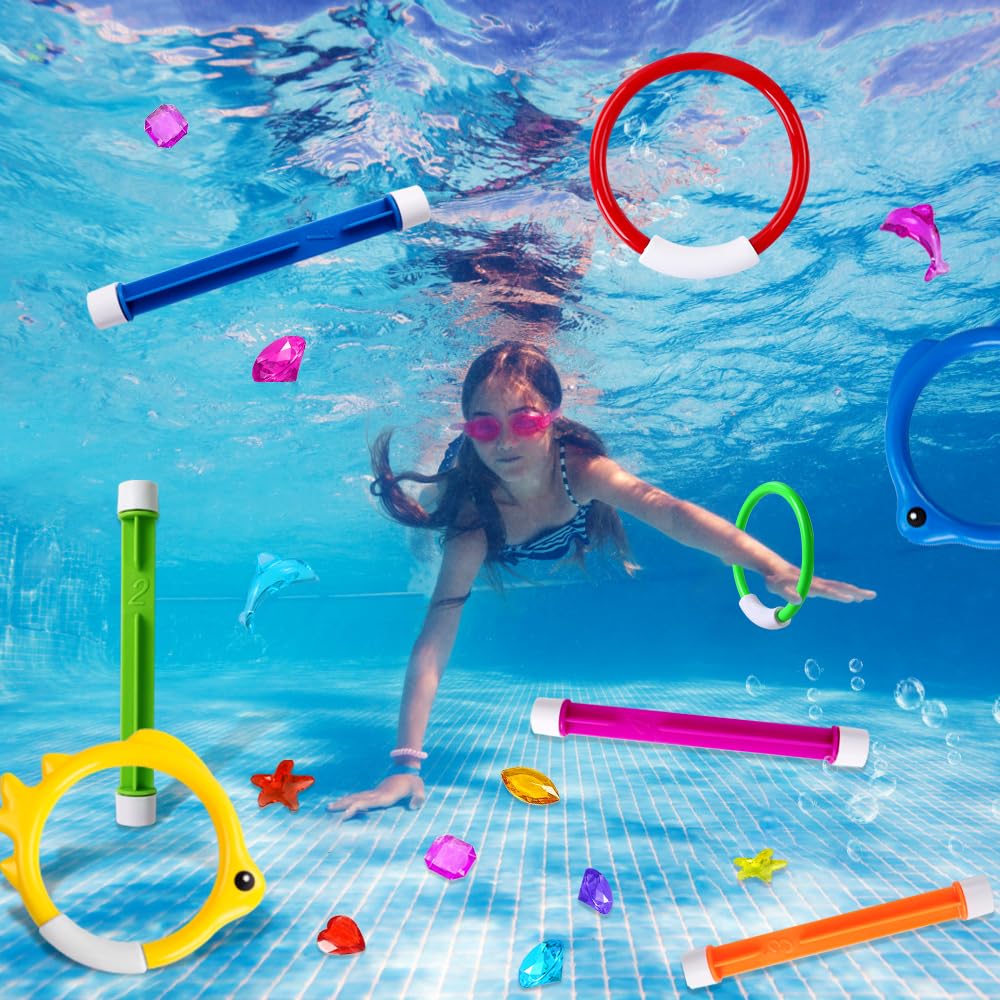 Yujun 18Pcs Pool Diving Swimming Toys, Summer Underwater Game Toys With Pool Fishes Dive Sticks Rings Gems Storage Bag For Kids Swim Birthday Party Favors