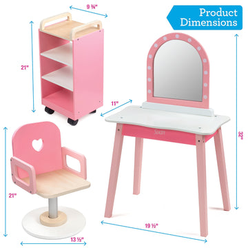 Pretend Hair Salon Wooden Play Set- Full Vanity Mirror W Chair & Rolling Cart- Playset Includes Blow Dryer, Brush, Styling, Cutt