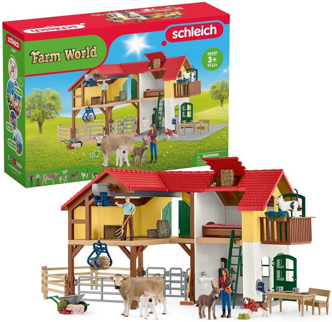Schleich Farm World - Large Farm House, 97-Piece Toy Farm House with 3 Rooms, Farmer Figurines and Multiple Animal Toys with Acc