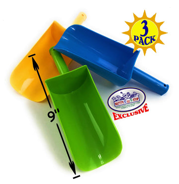 Matty's Toy Stop 9'' Kids Short Handle Sand Scoop Plastic Shovels for Sand & Beach (Yellow, Blue & Green) Gift Set Bundle - 3 Pa