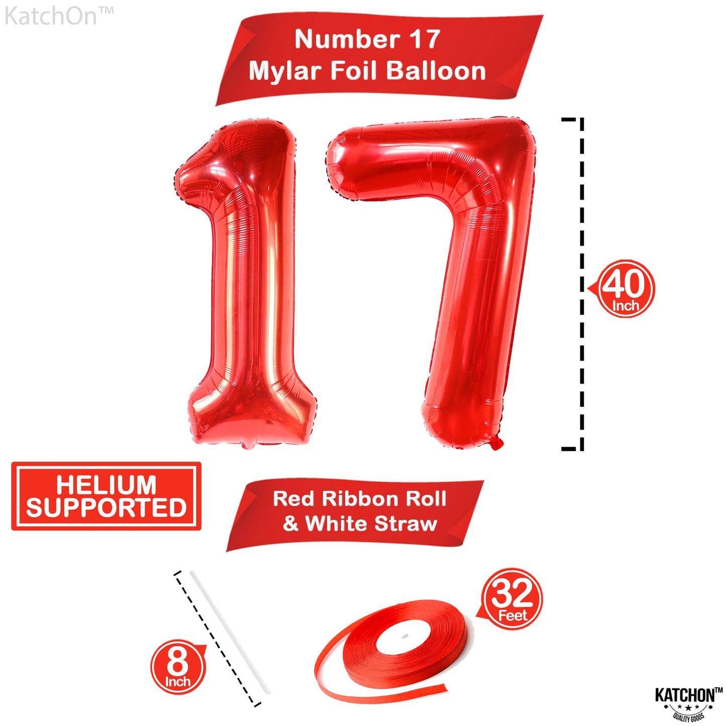 Katchon, Giant Red 17 Balloon Numbers - 40 Inch | Happy 17Th Birthday Decorations, 17 Birthday Balloons | Number 17 Balloons For Happy Birthday Decorations | 17 Number Balloons