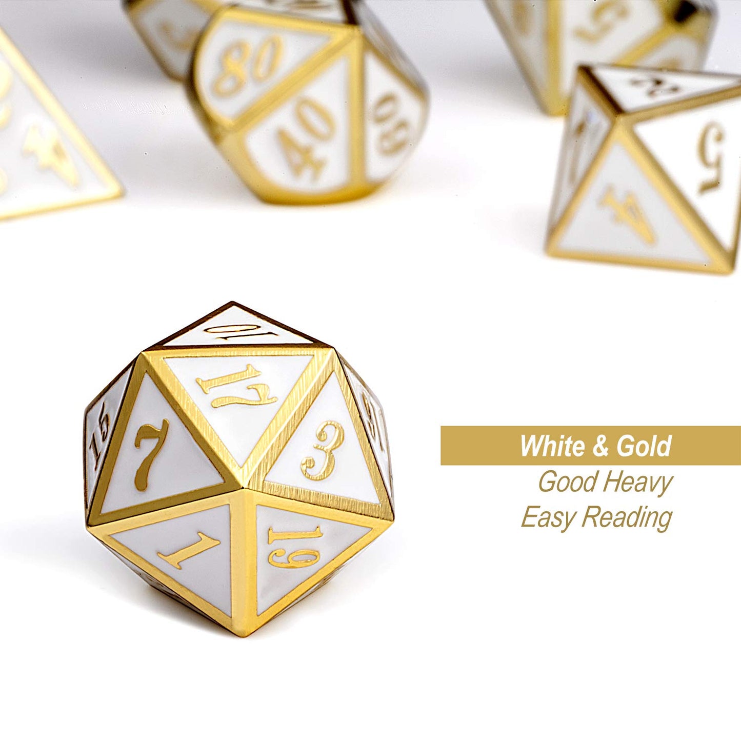 DnDnD White with Gold Number DND Dice Sets,Solid Metal Die with Free Gorgeous Metal Tin for Dungeons and Dragons D&D Role Playin