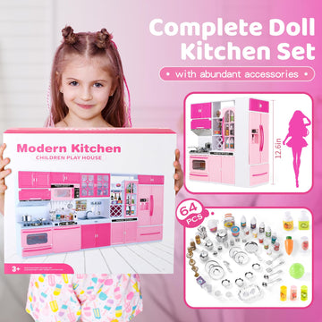 Socbtnso 64 Pcs Pink Kitchen Toys With Lights Sounds|Mini Kitchen House Furniture Sets For Kids Ages 4-8|Doll Playset Toys For T