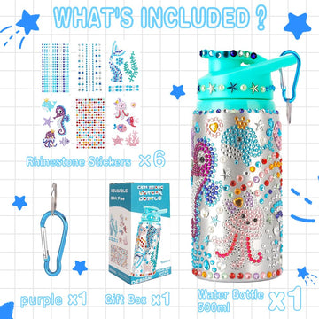 Decorate Your Own Water Bottle Kits For Girls Age 4 5 6 7 8 9 10-12 Year Old Girl Gifts, Mermaid Gem Diamond Painting Crafts, Di