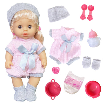 Huang Cheng Toys 9 Pcs 12 Inch Doll Baby With Clothes Lovely Newborn Doll Hairband Shoes 2 Bibs Nursing Bottle Plate Spoon For Kid