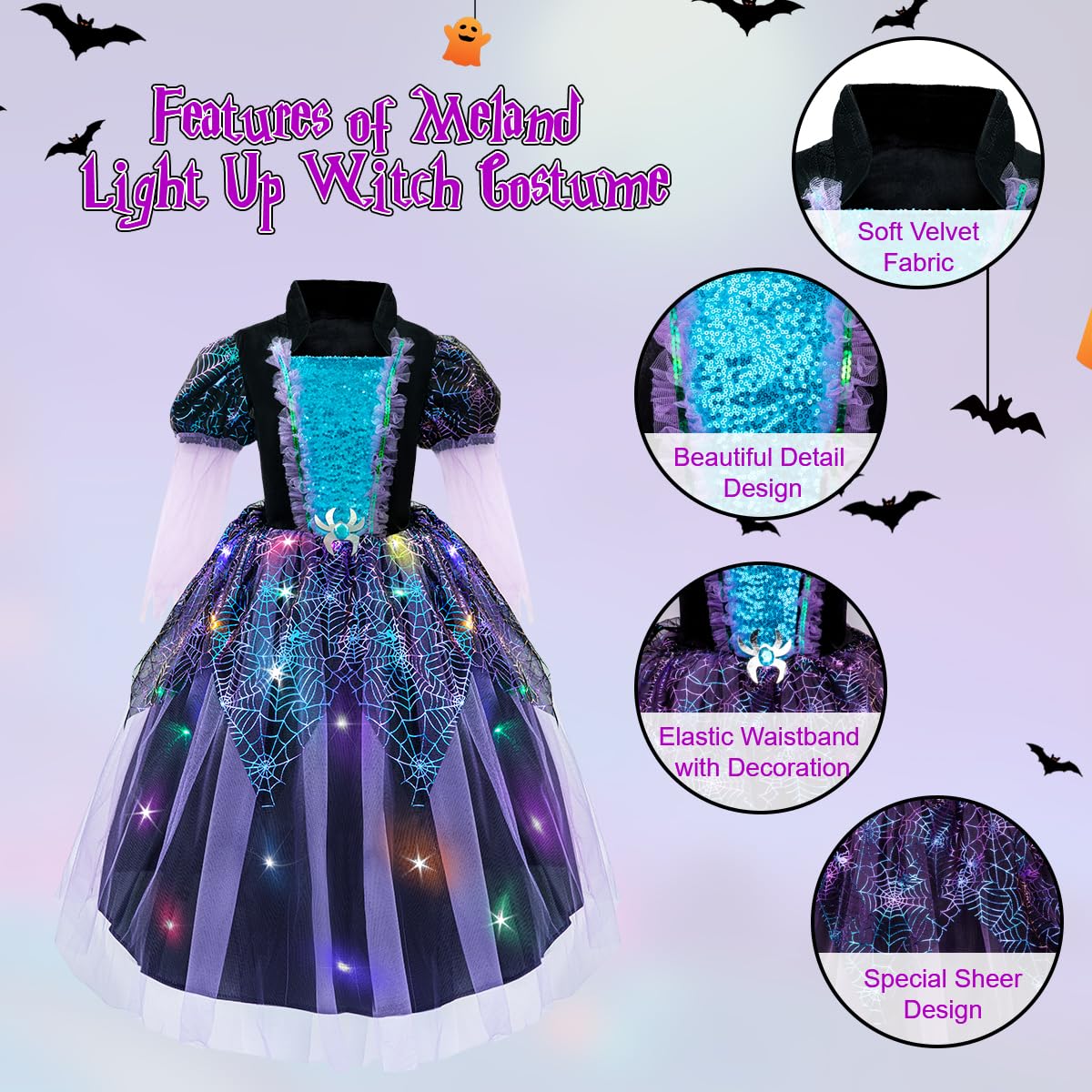 Meland Witch Costume For Girls - Light Up Halloween Costume For Girls Dress Up, Halloween Costume For Girls Age 4-11 Year Old