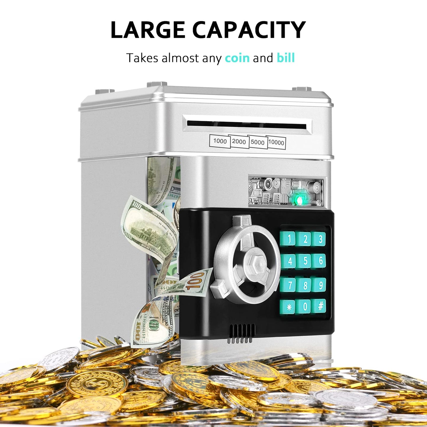 Piggy Bank For Boys Girls, Vcertcpl Atm Coin Bank Money Saving Box With Password, Kids Safe Money Jar With Auto Grab Bill Slot, Birthday Gifts Toys Bank For 6 7 8 9 10 11 12 Year Old Girls Boys