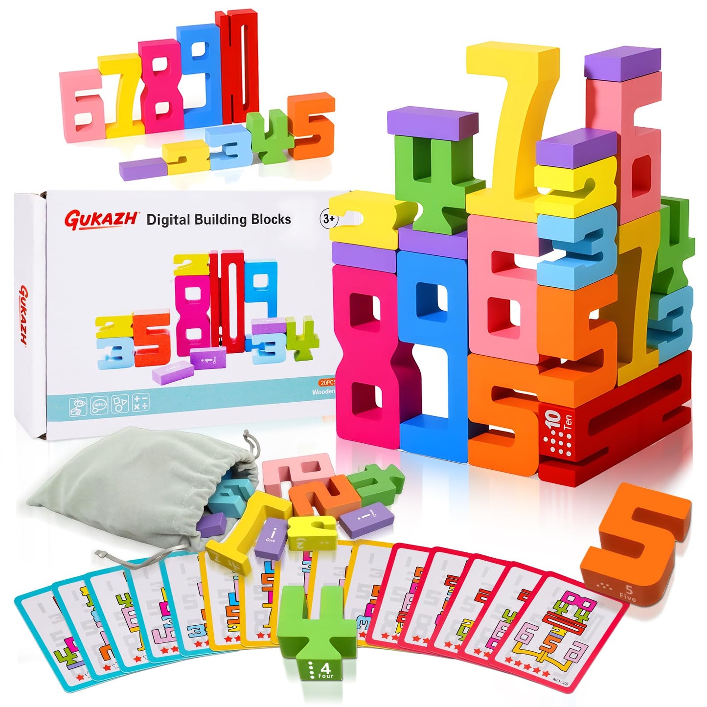 GUKAZH Wooden Number Building Blocks 20 Pcs Stacking Toys for Kids, Math Learning Tool for Students, Digital Building Blocks 1-1