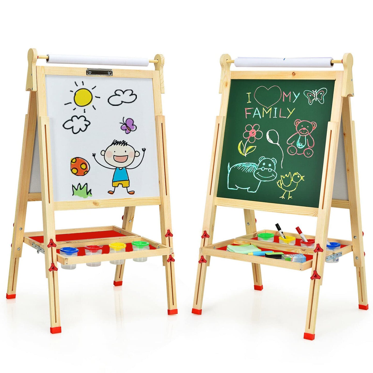 Eaq Easel For Kid,Height Adjustable Wooden Art Easel,Whiteboard Chalkboard With Paper Roll Holder,Letters And Numbers Magnets An