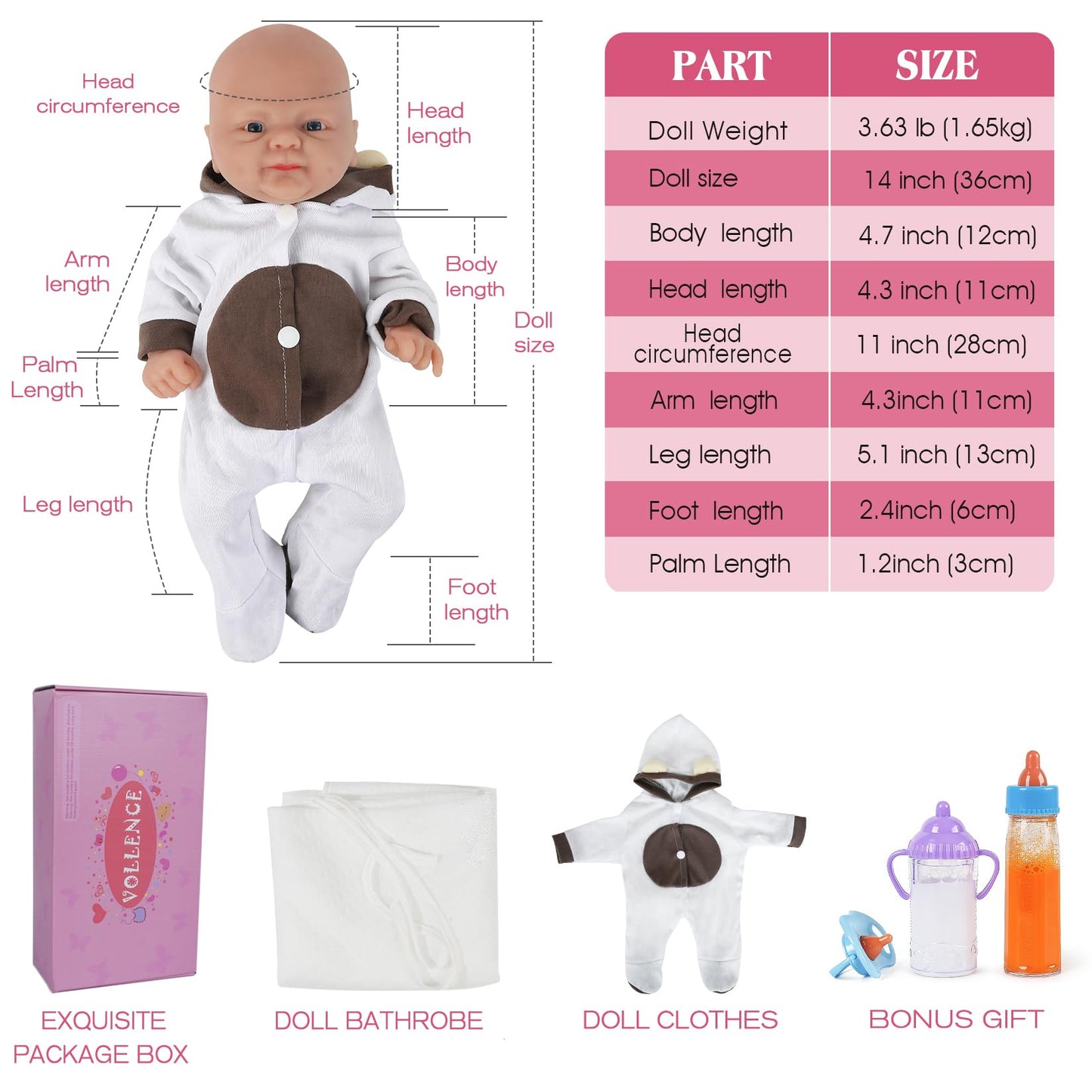 Vollence 14" Full Body Silicone Baby Doll - Realistic Bald Girl, Model VO-US0078, Soft Platinum Silicone, Perfect Newborn Gift