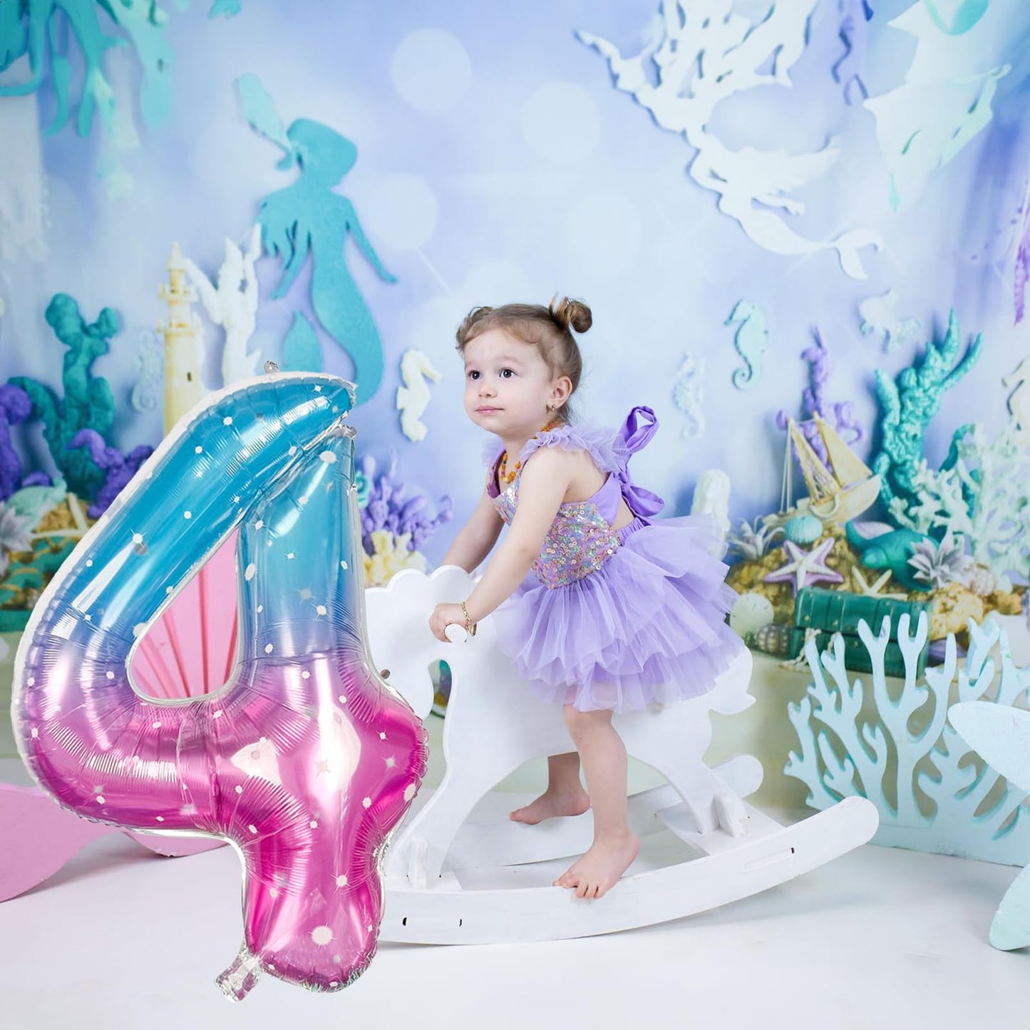 Purple Teal Number 4 Balloons, 40 In Large Mermaid Starry Number 4 Mylar Foil Helium Balloons For Girls, Self Inflating Rainbow